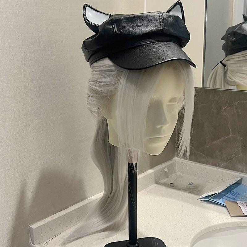 Game Anime Black Sier White Bangs Mid-length Long Straight Wig