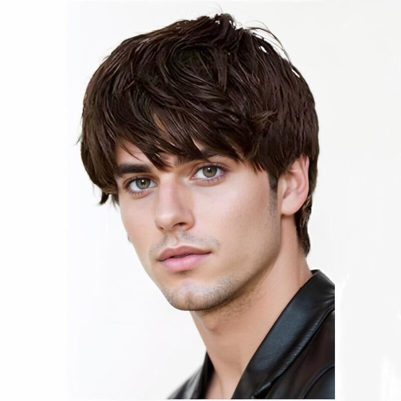 Men's Hair Brown Fluffy Black Curly Side Bangs Men's Wig