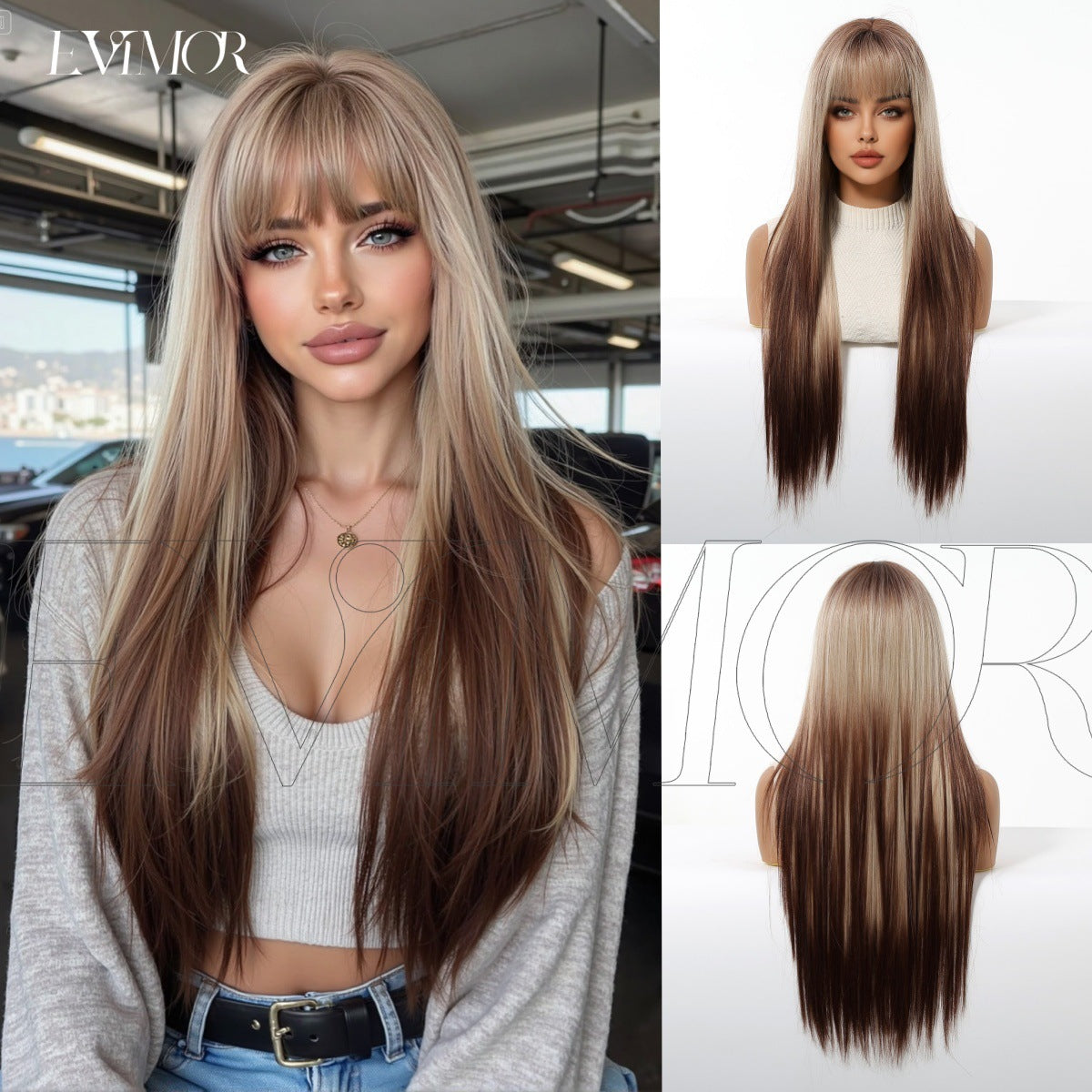 Female Hair Gradient Brown Layer Natural Long Straight Wig