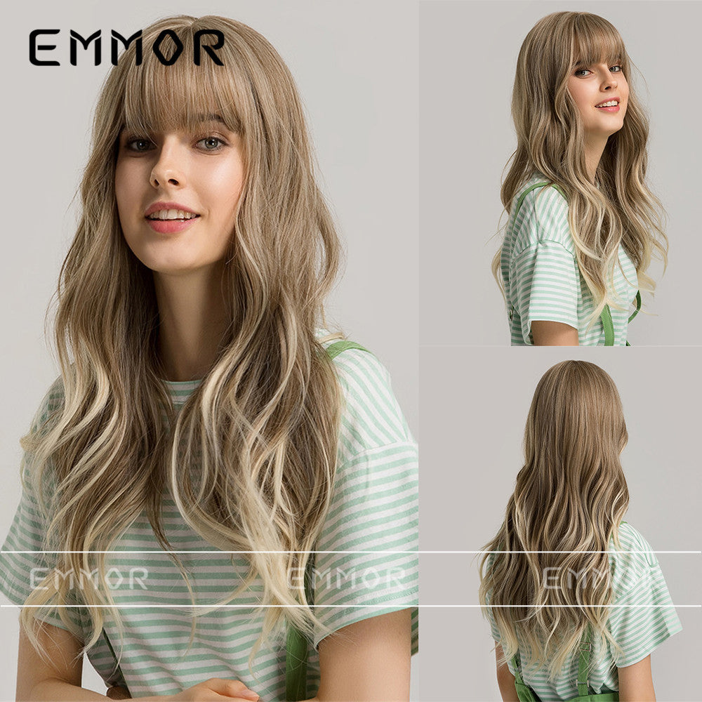 Women's Fiber Hair Fringe Gray Brown Curly Head Cover Long Straight Wig