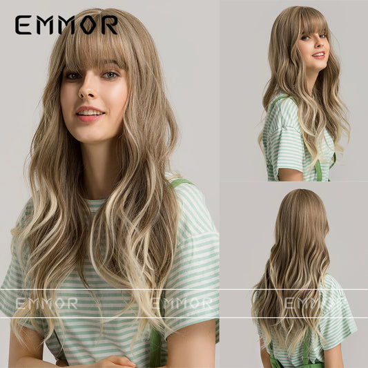 Women's Fiber Hair Fringe Gray Brown Curly Head Cover Long Straight Wig