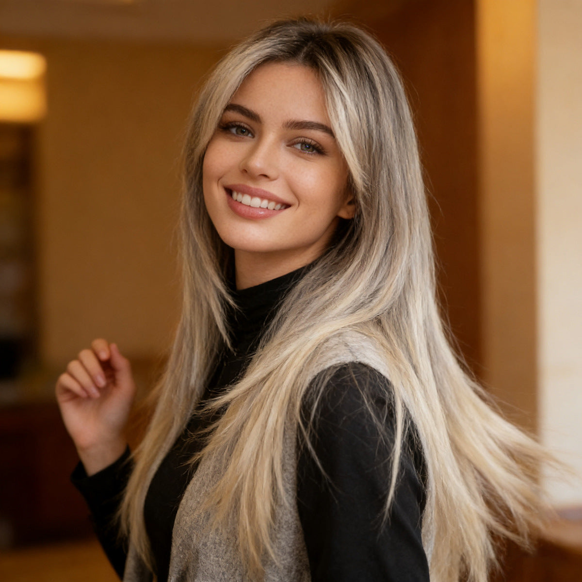 Women's Hair Temperament Mid-length Granny Grey Natural Long Straight Wig