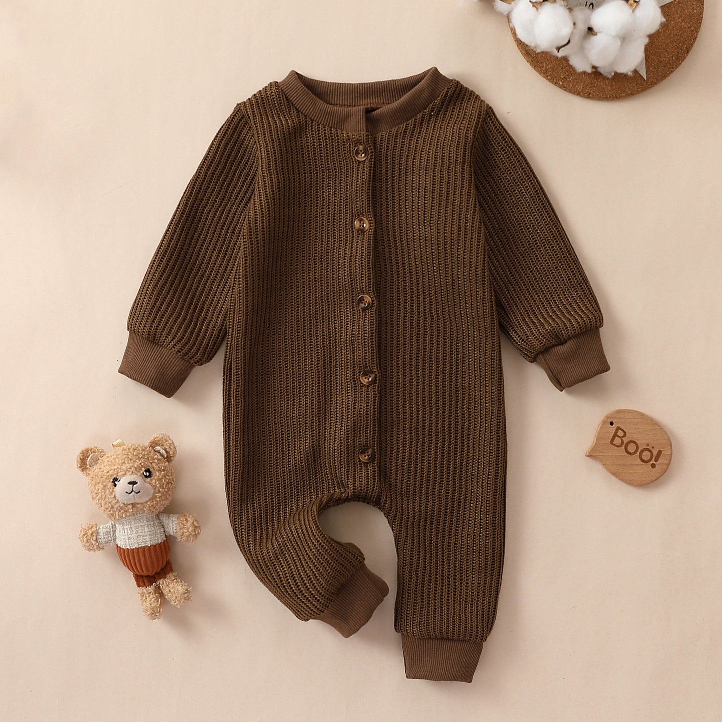 Front Open Single-breasted Knitted Long Sleeve Round Neck Jumpsuit, Climbing Suit