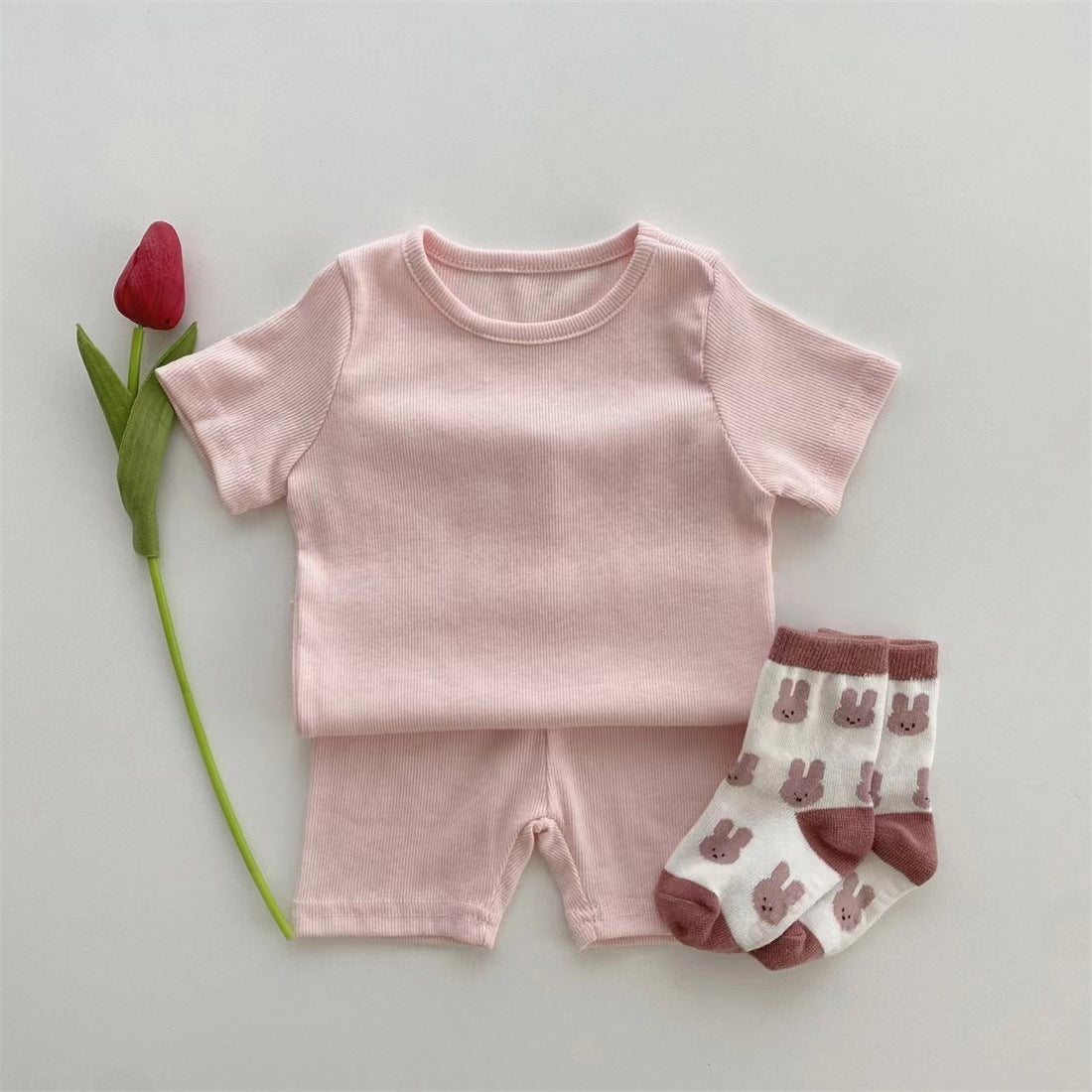 Shorts Soft Two-piece Solid Color Rib Children's Suit