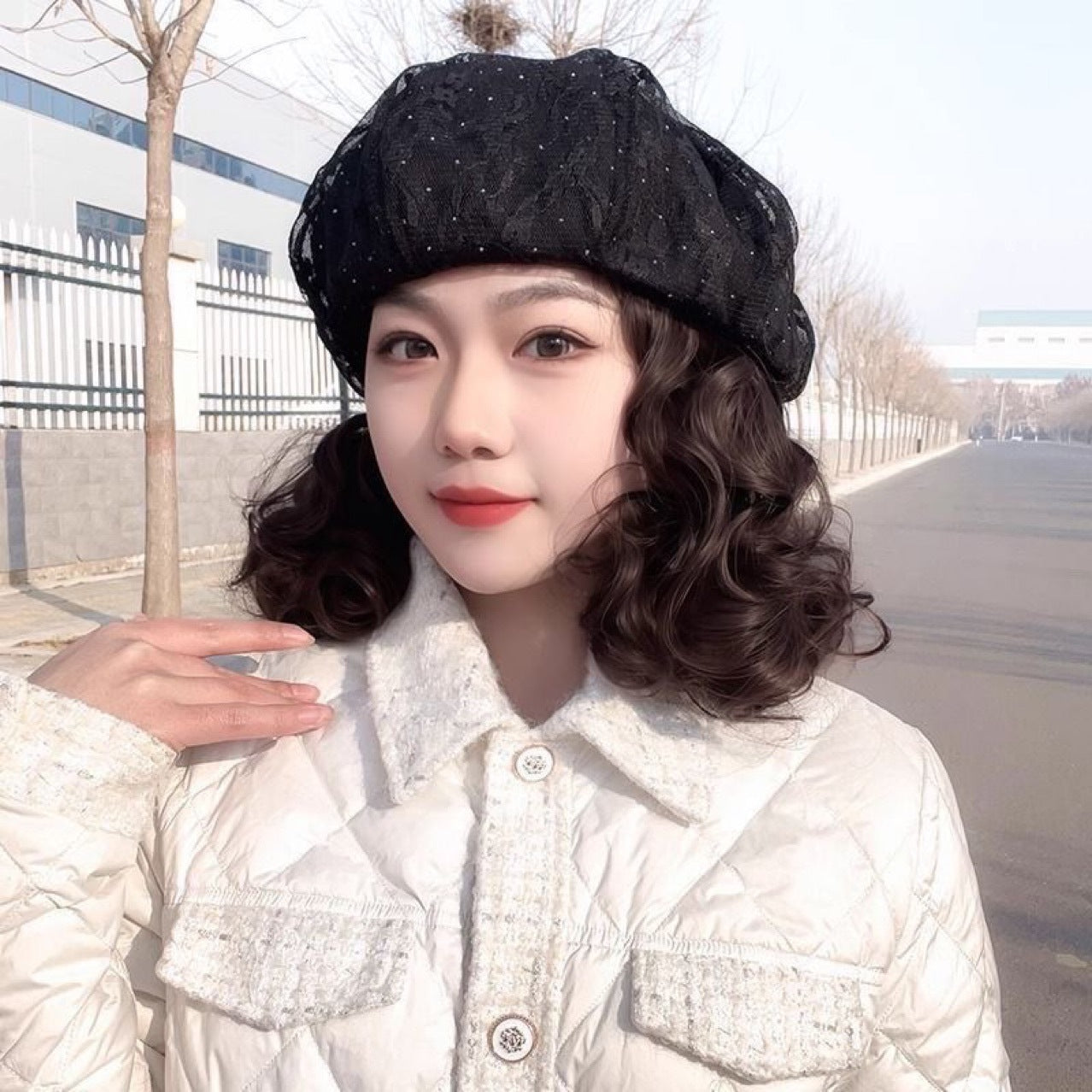 Hat One-piece Lace Beret Western Style Fashion Headgear Wig Short Curly Hair