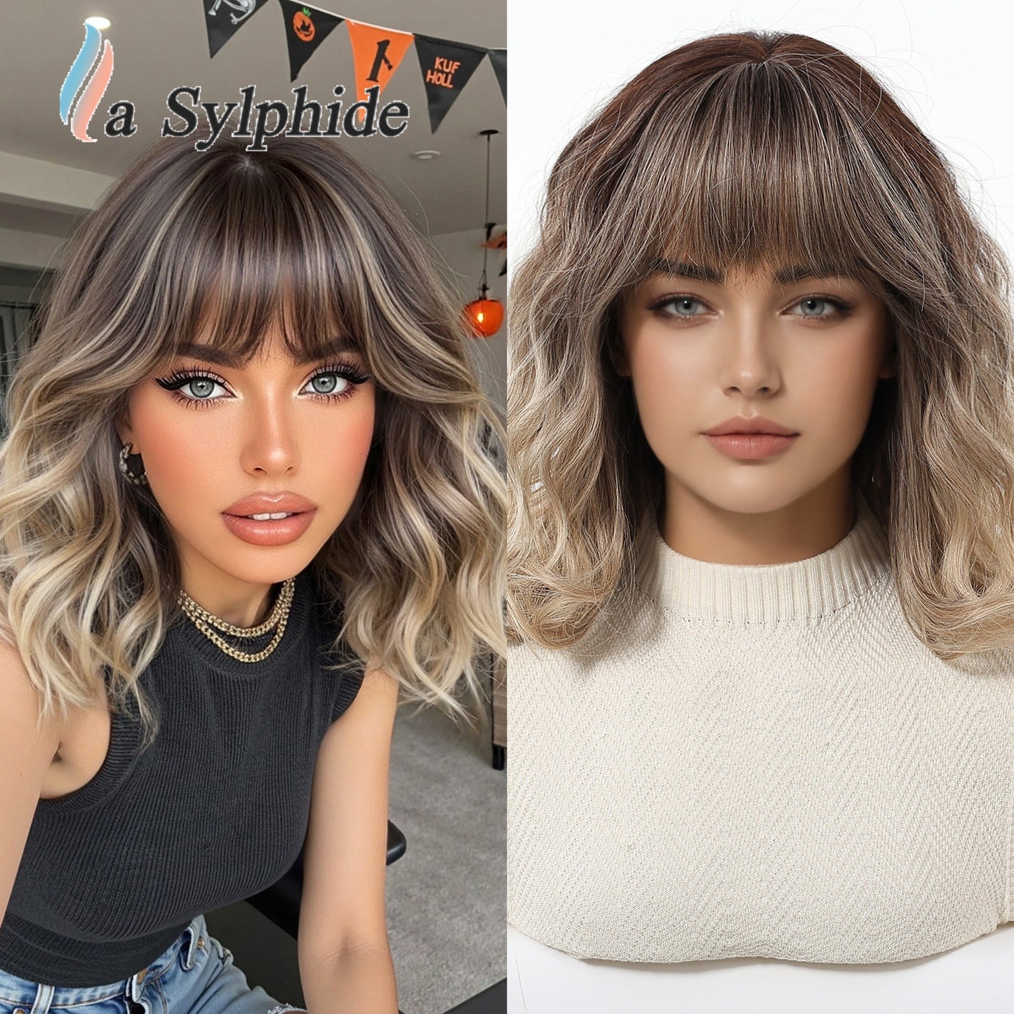 Pretty Women's Golden Gradient Fashion Natural Wig Short Curly Hair