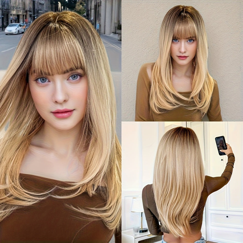 Gradient Golden Fluffy Bangs Chemical Fiber Mechanism Head Wig Long Curls