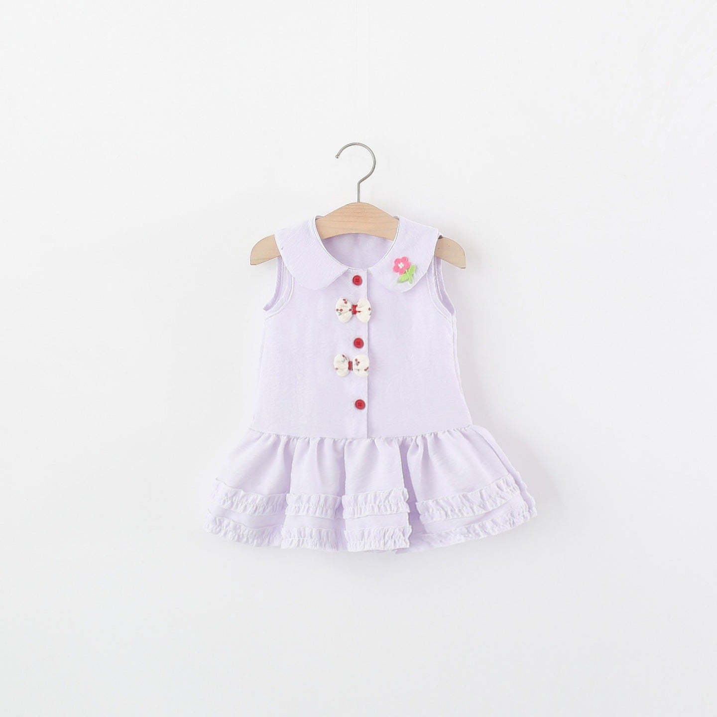 Children's Summer Solid Color Peter Pan Collar Flower Bow Tie Cotton Children's Dress