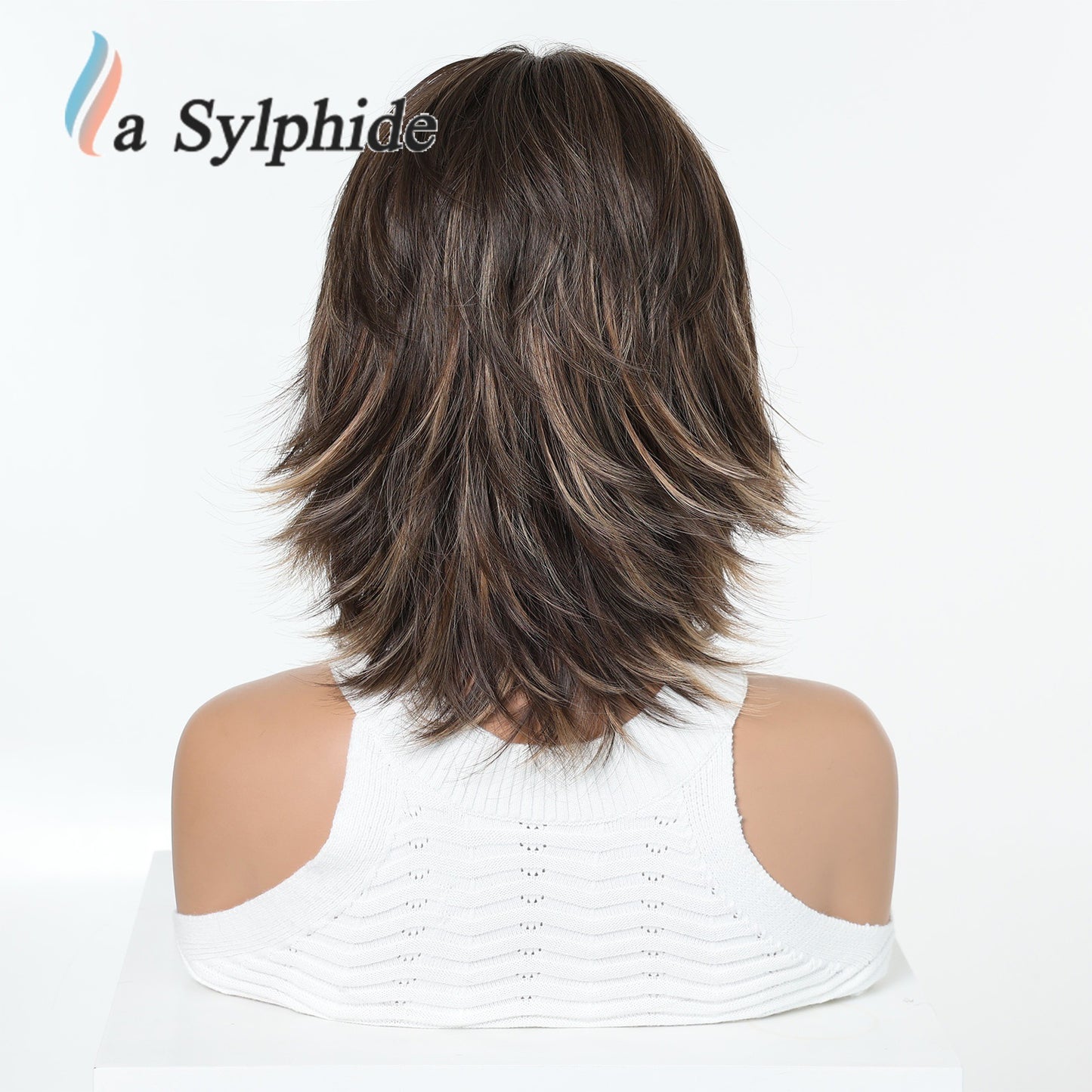 Female Highlights Brown Hierarchy Mechanism Fiber Air Bangs Everyday Wig Short Curly Hair
