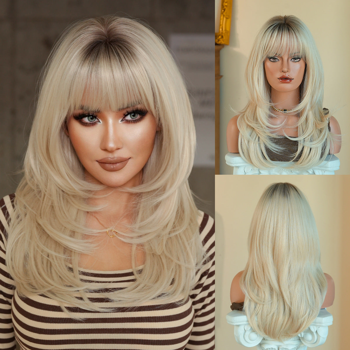 Quality Platinum Female Layered Texture Hair Bangs Natural Heat-resistant Long Straight Wig