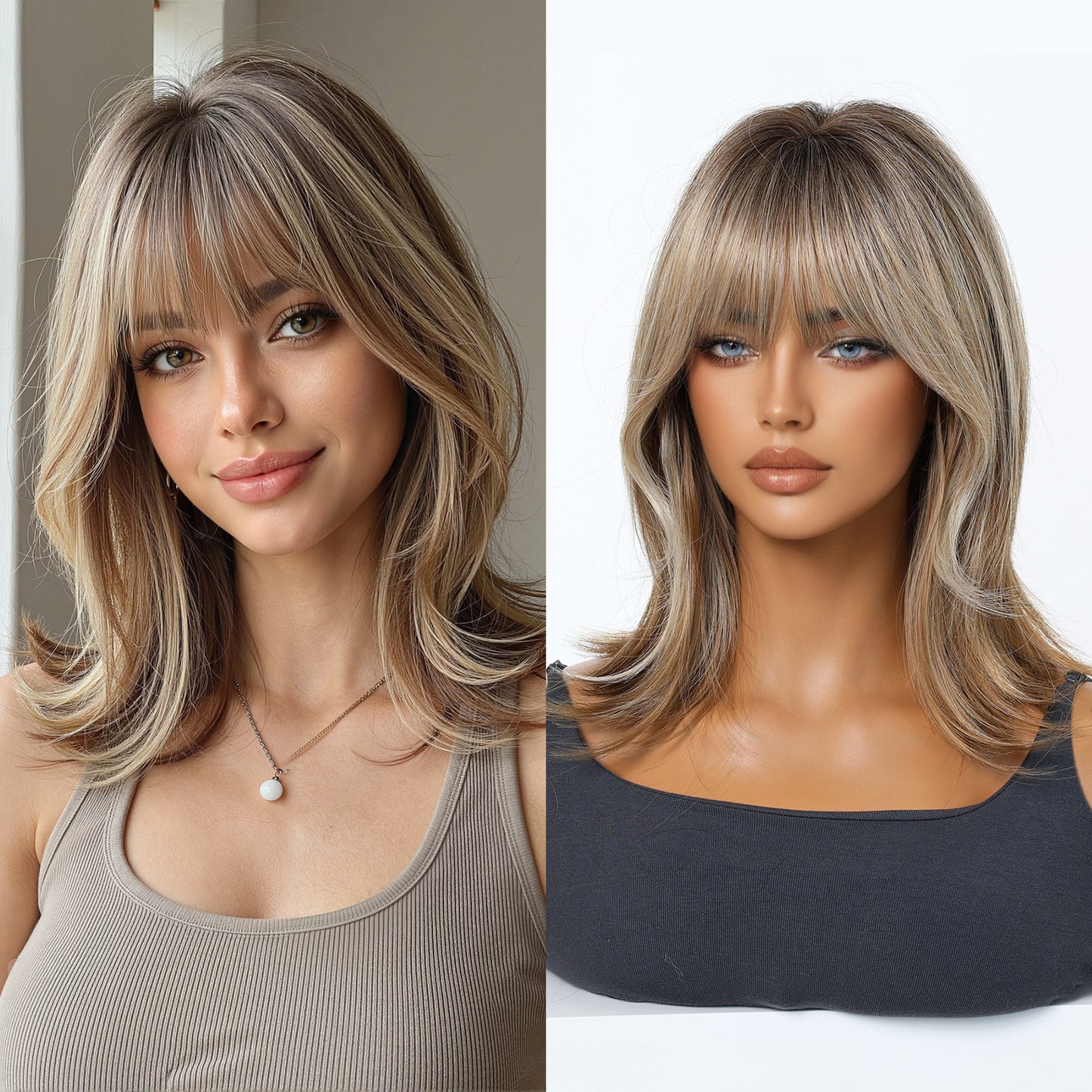 Natural Realistic Lightweight Breathable Summer Gradient Gray Gold Collarbone Length Wig Short Straight Hair