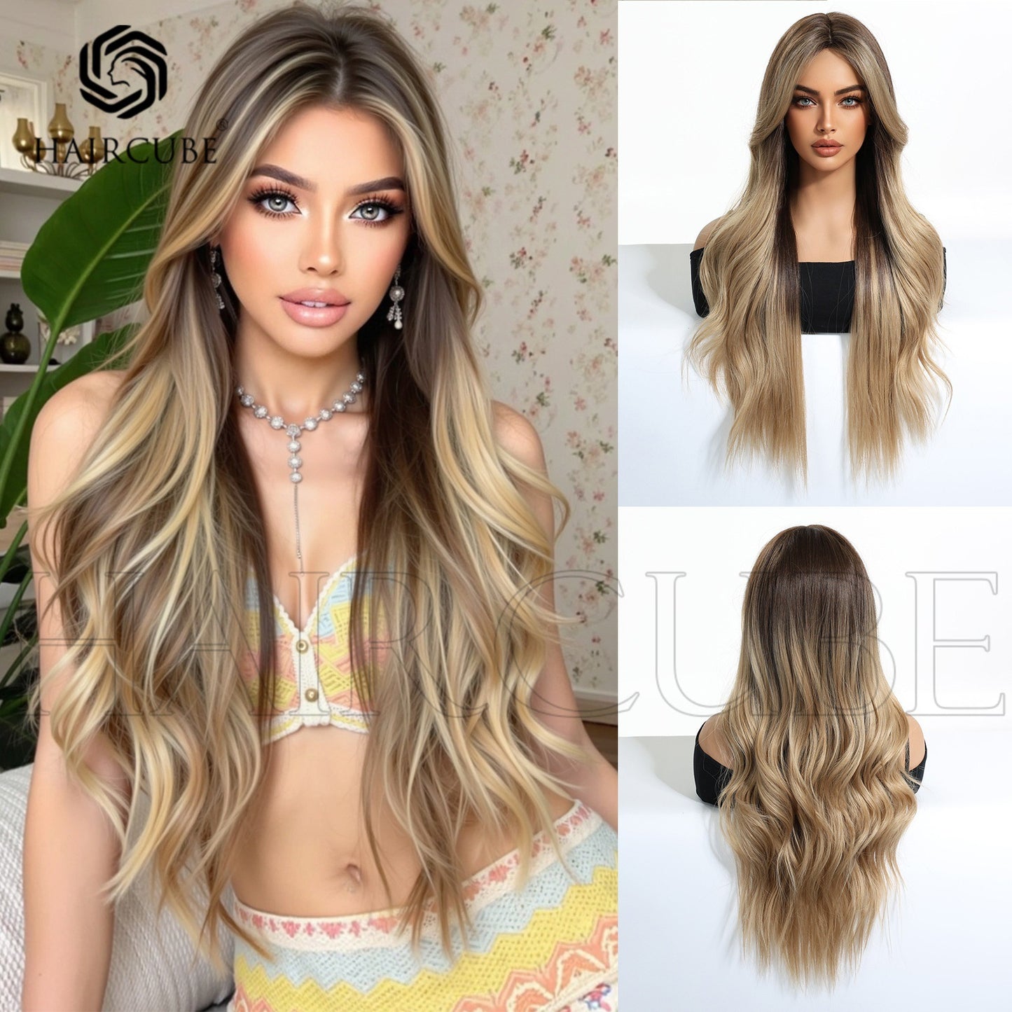 Big Wave Highlight Straight Bangs Curly Wig Long Curls