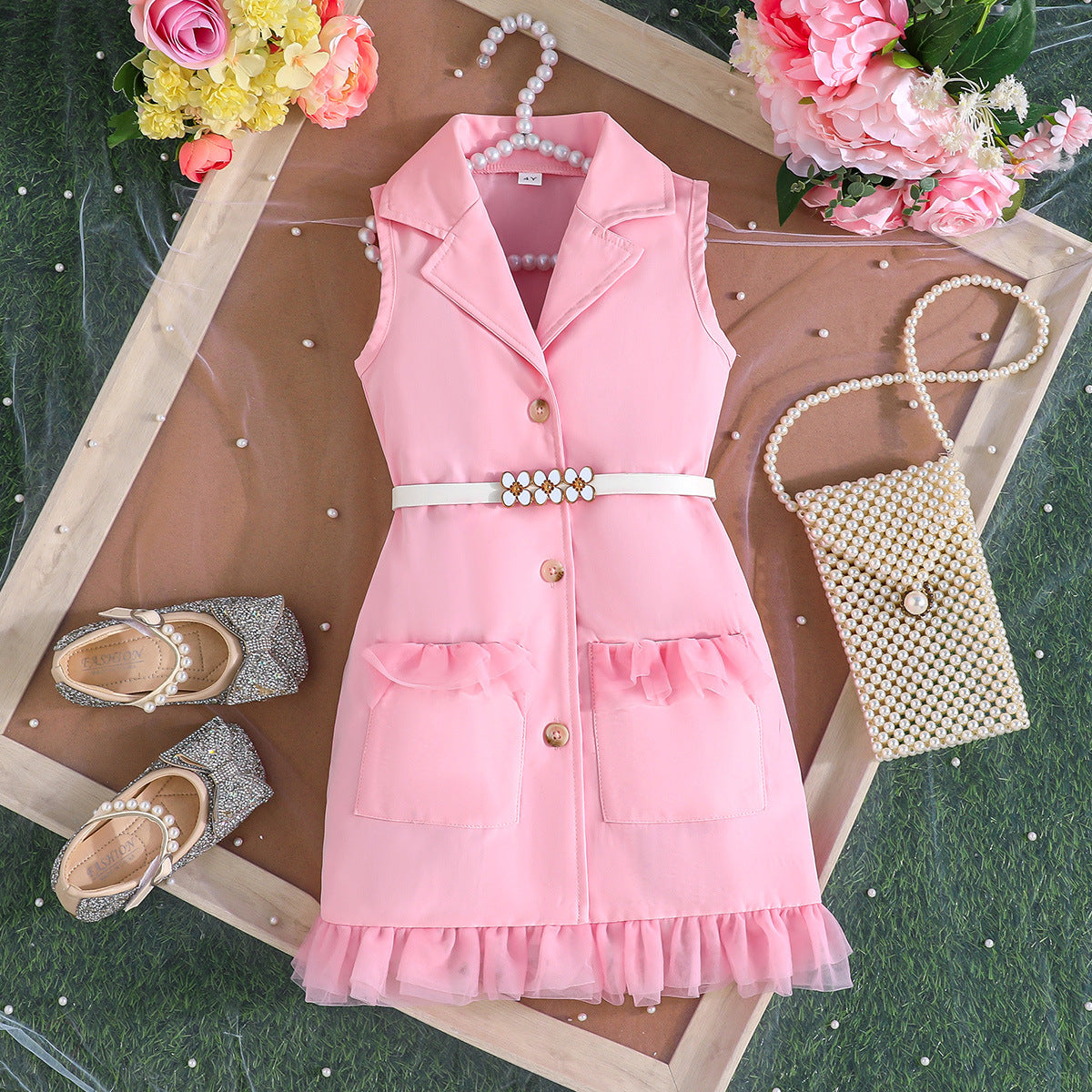 Summer Solid Color Sleeveless Suit Fashion Belt Two-piece Children's Dress