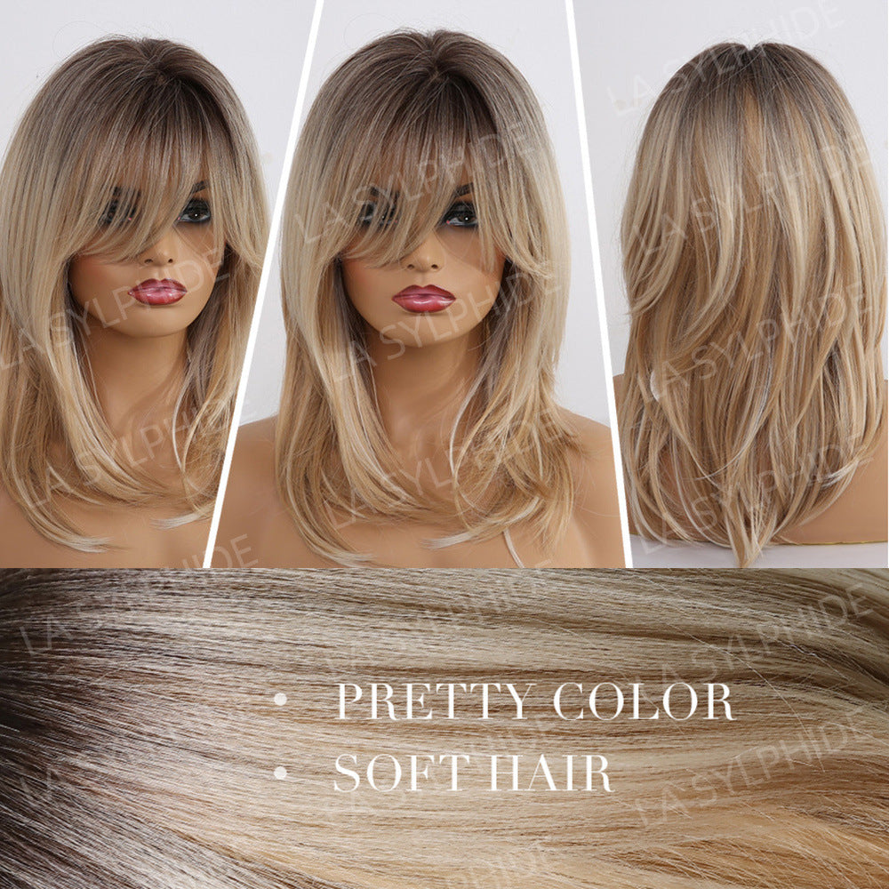 Gradient Golden Medium Hair Inner Buckle Bangs Long Straight Wig
