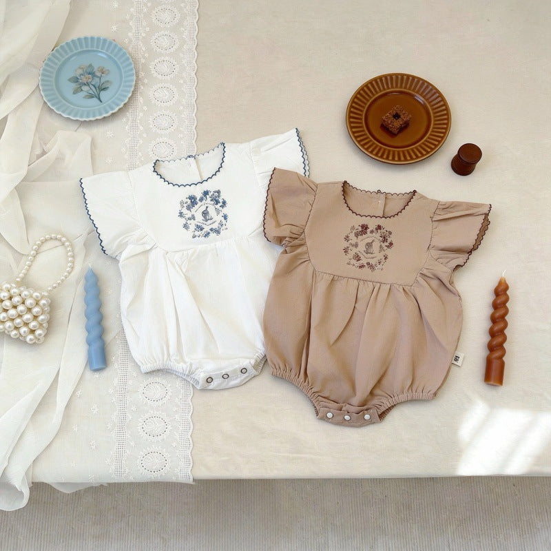 Summer Thin Cotton Embroidery Puff Short Sleeve One-piece Jumpsuit, Climbing Suit