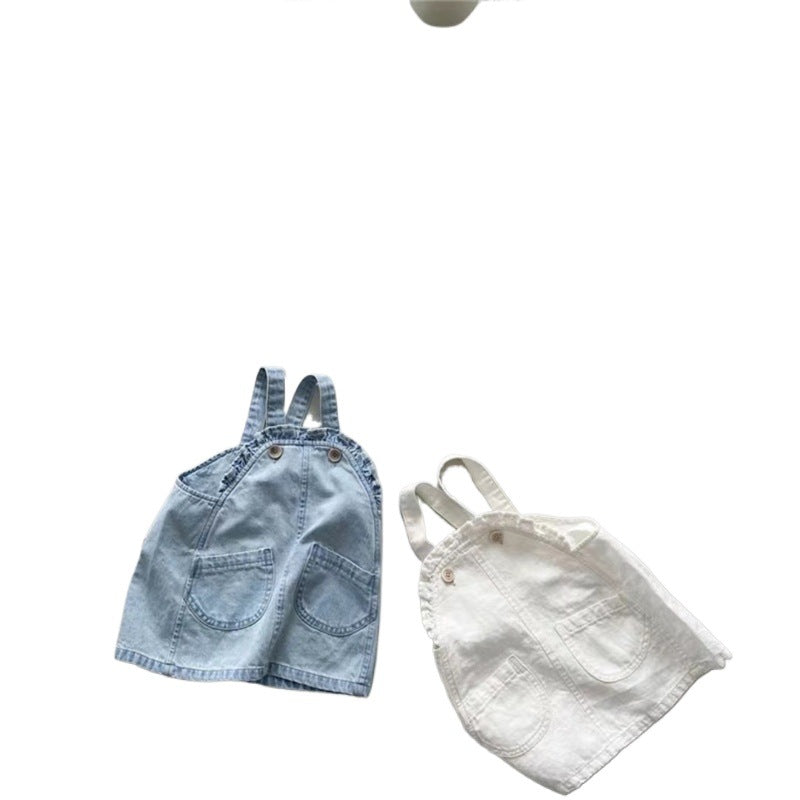 Children's Korean Style Clothing Summer Cotton Denim Suspender Skirt Floral Short Children's Suit