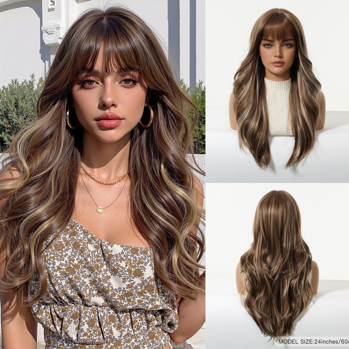 Gradient Gray Gold Curly Air Bangs Wig Long Curls