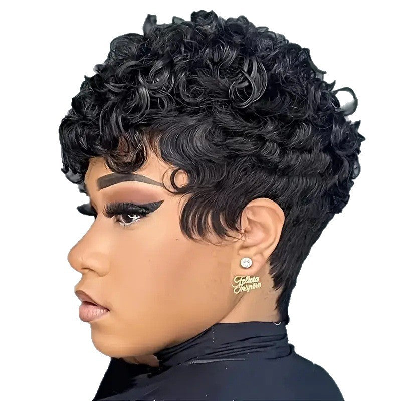 Black Small Roll Wound Tube Chemical Fiber Head Wig Short Curly Hair