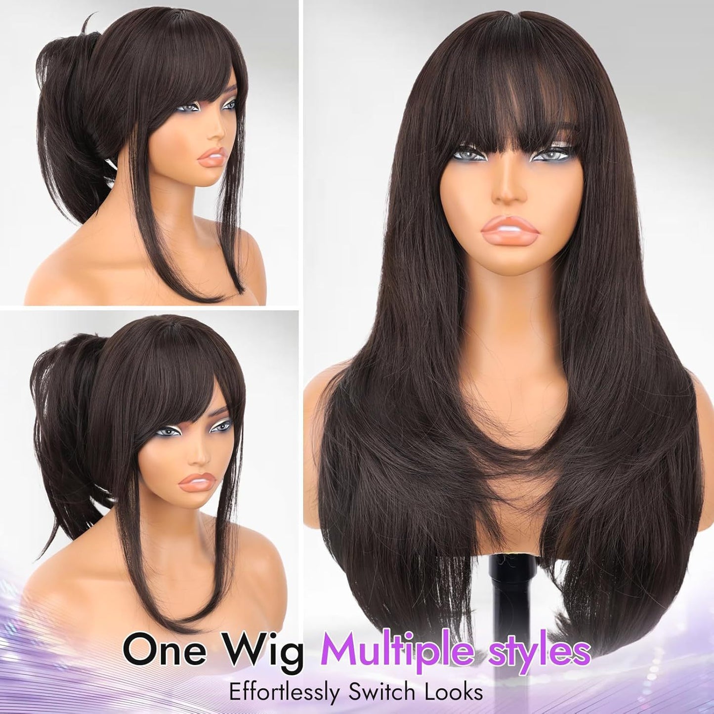 Female Straight Bangs Layered Hair Scalp Synthetic Wig Long Curls