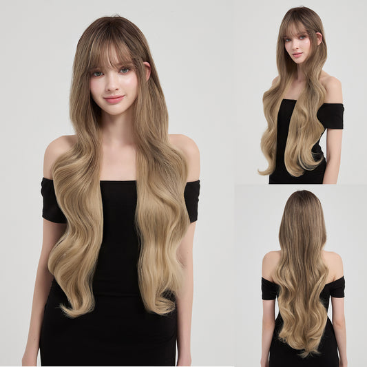 Women's Gradient Golden Brown High Skull Top Matte Silk Curly Wig Long Curls