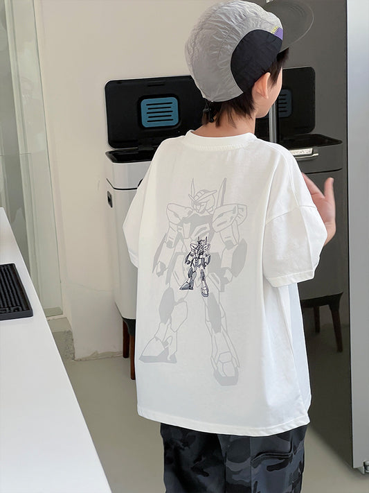 Children's Top Cartoon Diamond Printed Round Neck Pullover Casual Loose Short Children's T-shirt