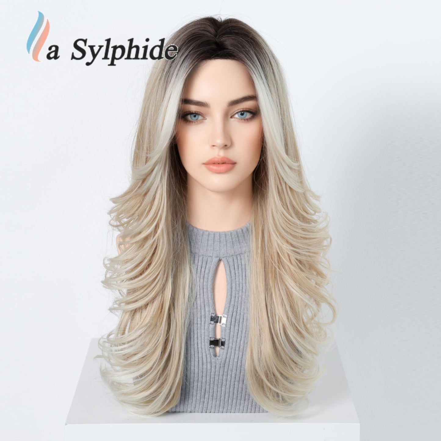 Gradient Bleached Gold Curly Hair Mid-length Bangs Wig Long Curls