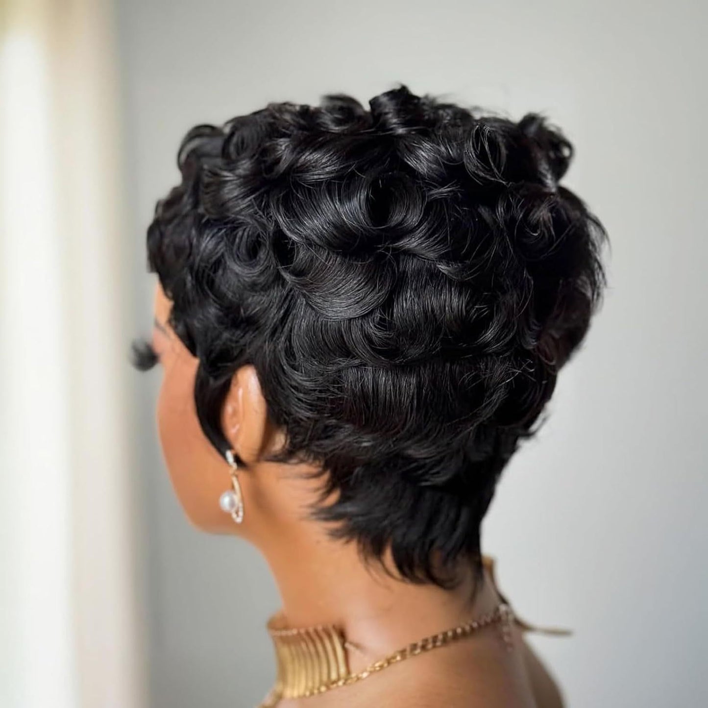 Women's African Small Black Elf Fiber Wig Short Curly Hair