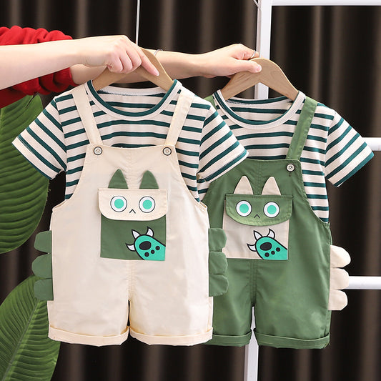 Children's Clothes For Babies Summer Short-sleeved Split Striped Suspender Pants Children's Suit