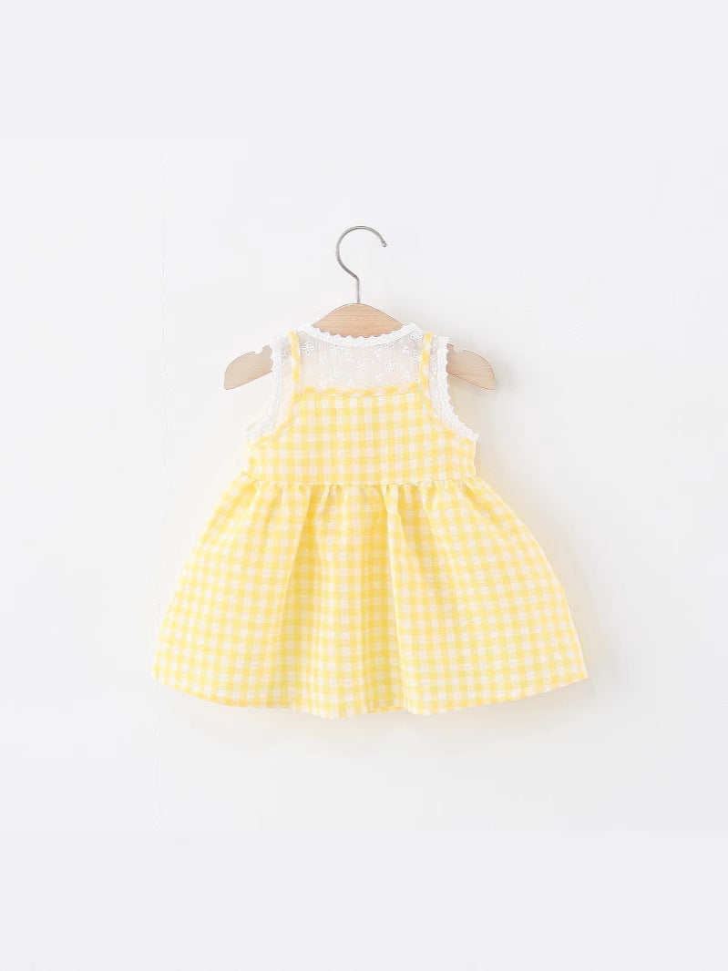 Children's One-piece Summer Fake Two-piece Plaid Small Flower Princess Children's Dress