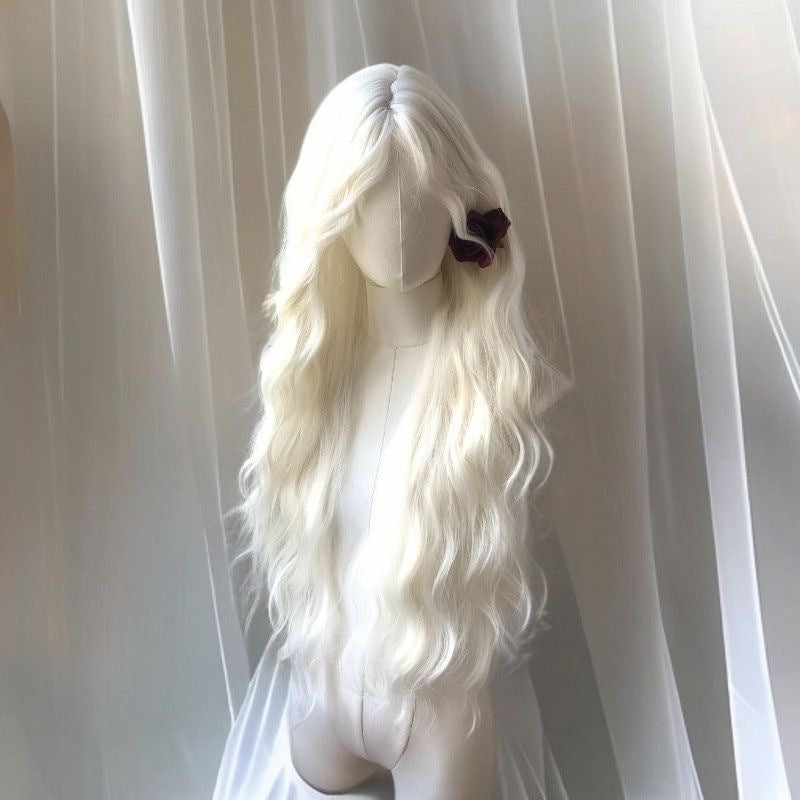 Women's Mid-length Bangs White Curly Hair Big Wave Feeling Wig Long Curls