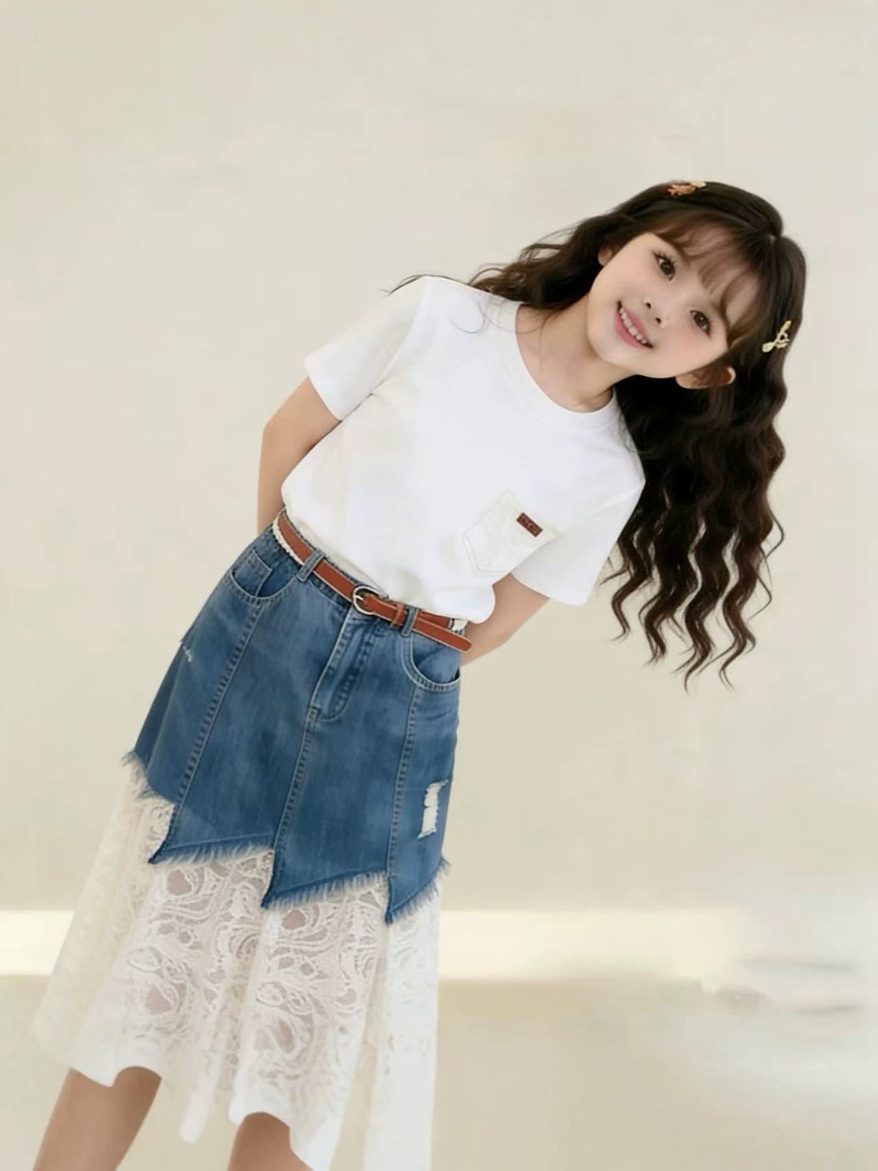 Children's Summer Short-sleeved Denim Lace Skirt Western Children's Suit