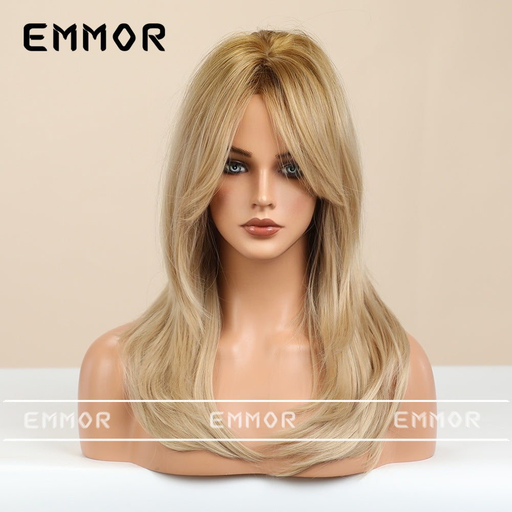 Women's Bangs Gradient Golden Mid-length Hair Curling Wig Long Curls