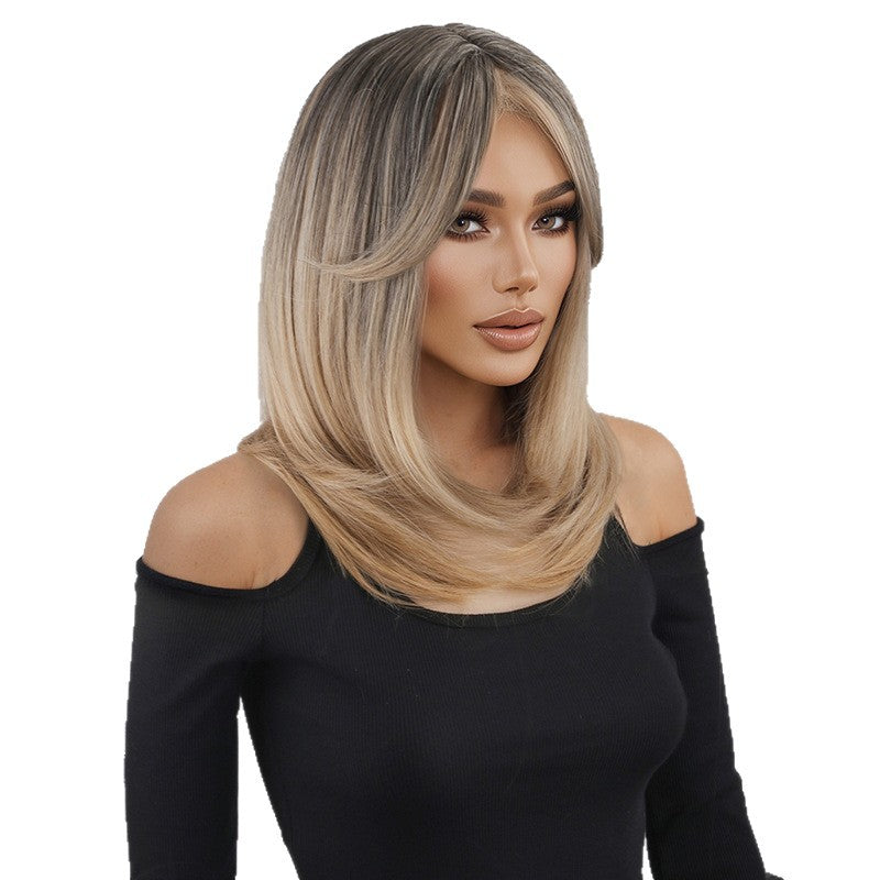 Black Gold Gradient Bangs Straight Hair Wig Long Curls