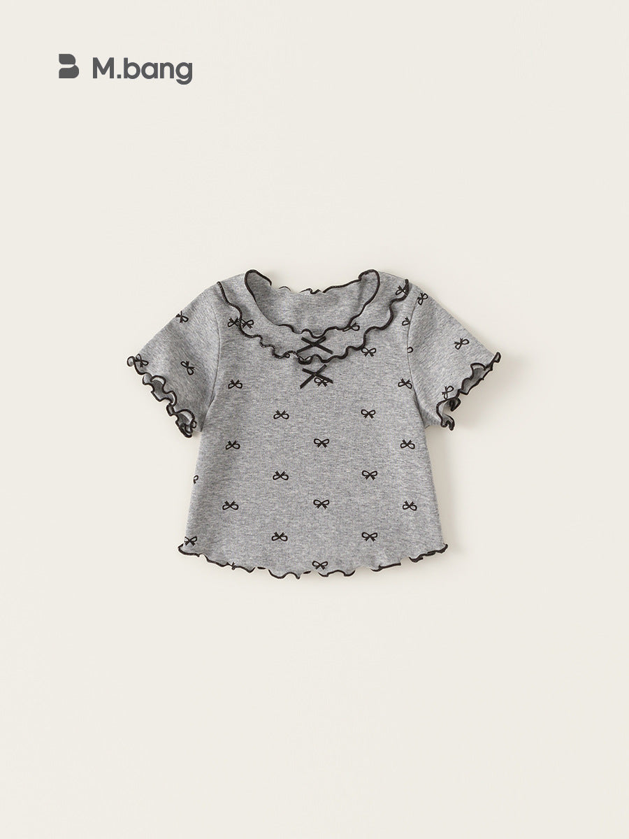 Children's Clothing Korean Style Bow Clothes Summer Shirt Lacework Short Children's T-shirt