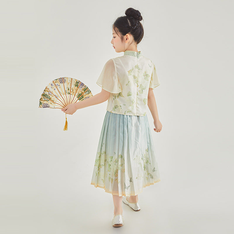Chinese Style Traditional Short Sleeve Skirt Clothes Two-piece Woven Children's Suit