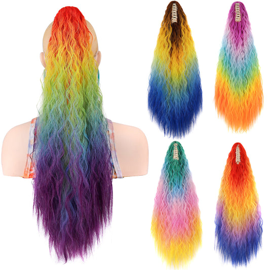 Women's Color Long Curly Hair Grip Dyed Corn Curler Water Ripple Wig Ponytail