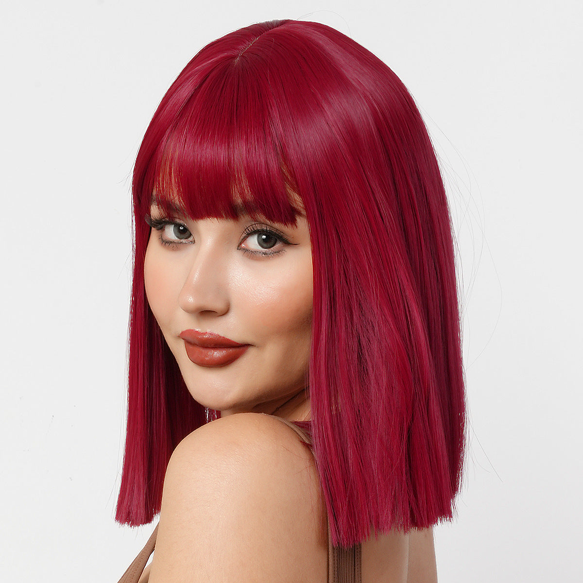 Sweet Style Wine Red Bangs Fashion Wig Short Straight Hair