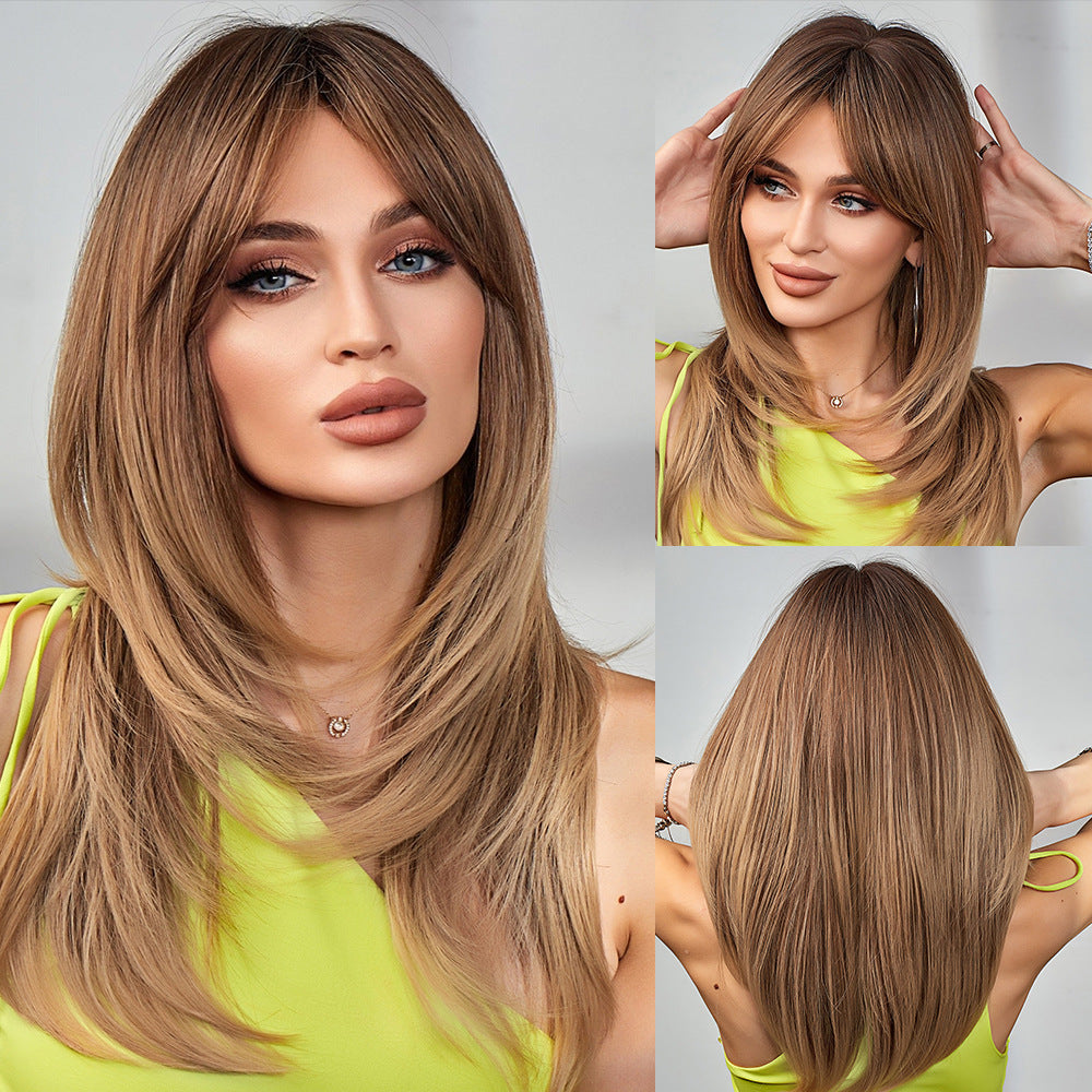 Women's Gradient Golden Bangs Hair Tail Micro Volume Fiber Wig Long Curls