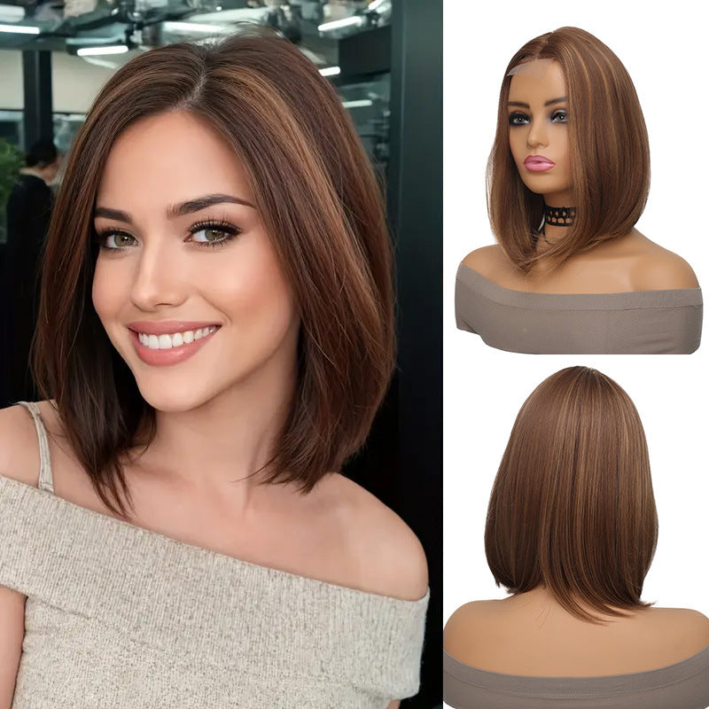 Women's Mixed Color Bangs Head Dyed Light Brown Daily Commuter Wig Short Straight Hair