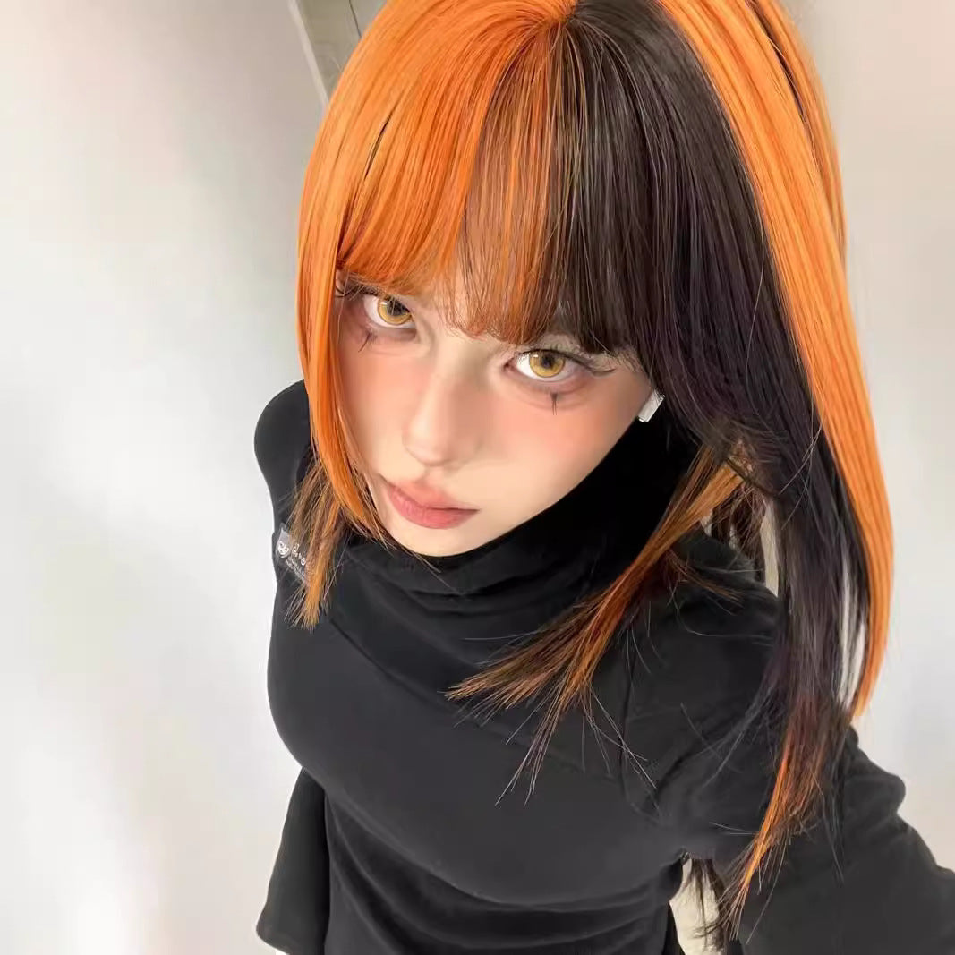 Female Black Dirty Orange Highlight Collarbone Long Straight Wig