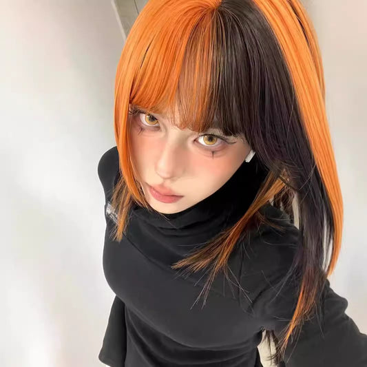 Female Black Dirty Orange Highlight Collarbone Long Straight Wig
