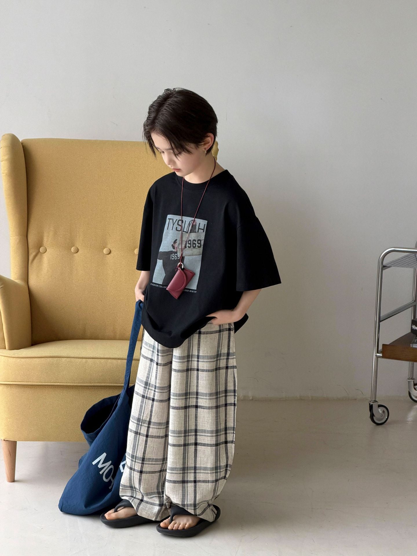 Children's Summer Cotton Linen Plaid Trousers Lightweight Loose Children's Pants