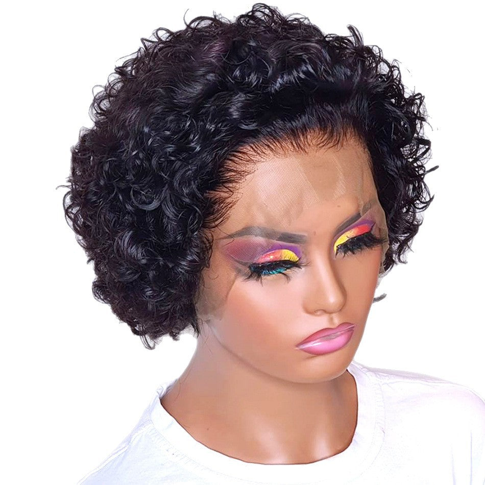 Women's African Short Curly Hand Wrapped Lace Elf Real Hair Wig