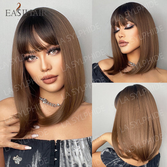 Synthetic Bob With Bang Brown Hair Long Straight Wig