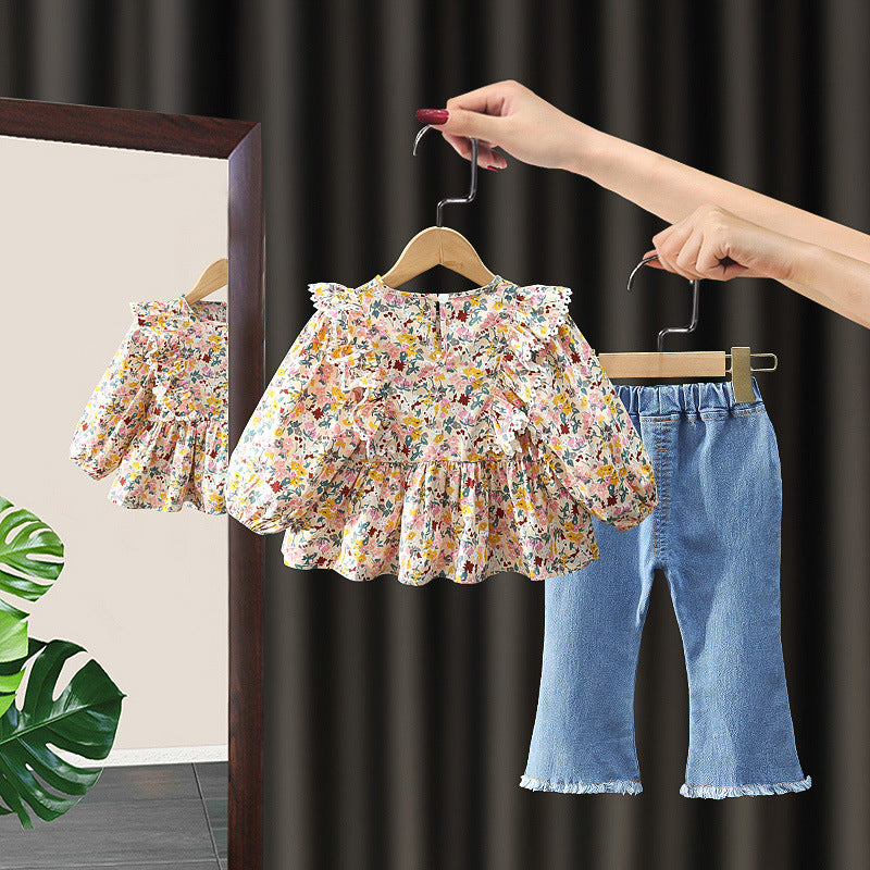 Long Sleeve Shirt Casual Jeans Two-piece Children's Suit