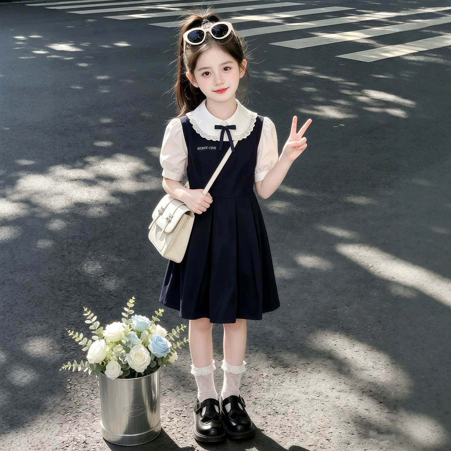 Summer Sweet Teens Short Sleeve Doll Collar Fake Two-piece Skirts Children's Dress