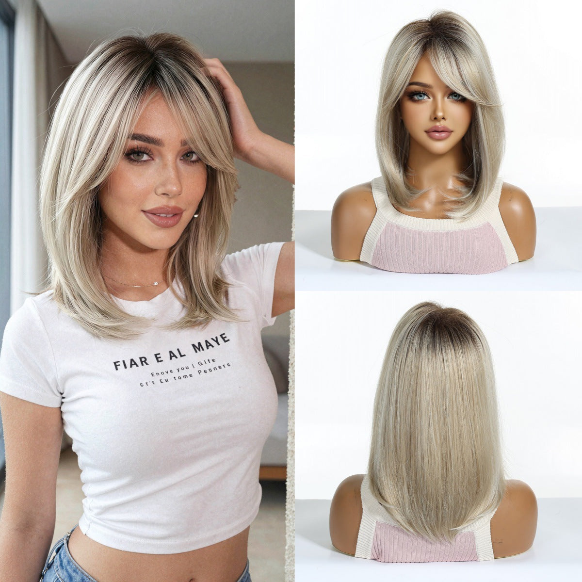 Women's Platinum Oblique Bangs Natural Rose Mesh Wig Short Straight Hair