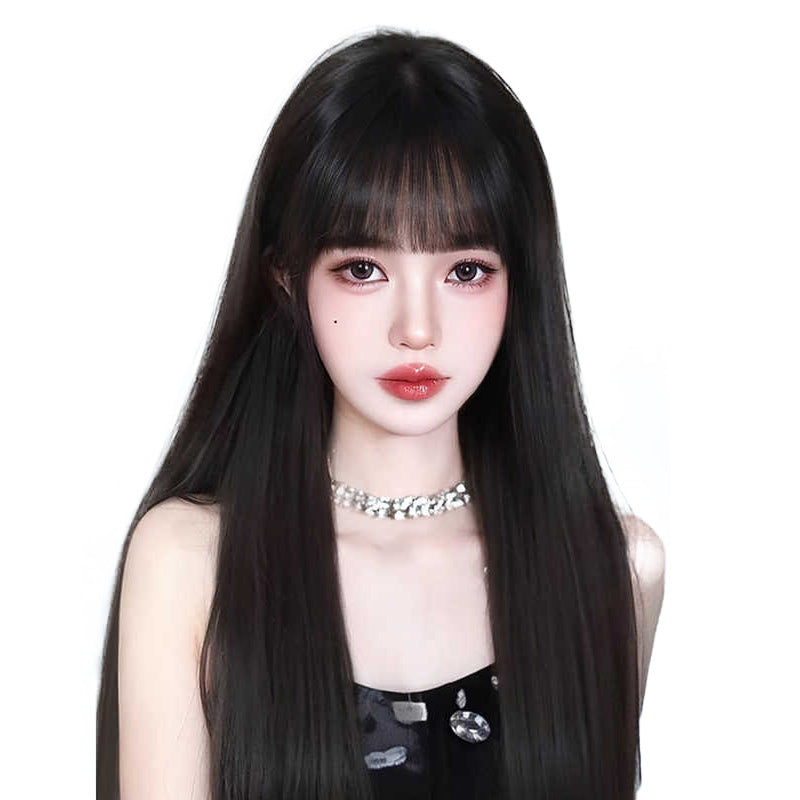 Women's Full Type Big Scalp Human Long Straight Natural Bangs Real Hair Wig