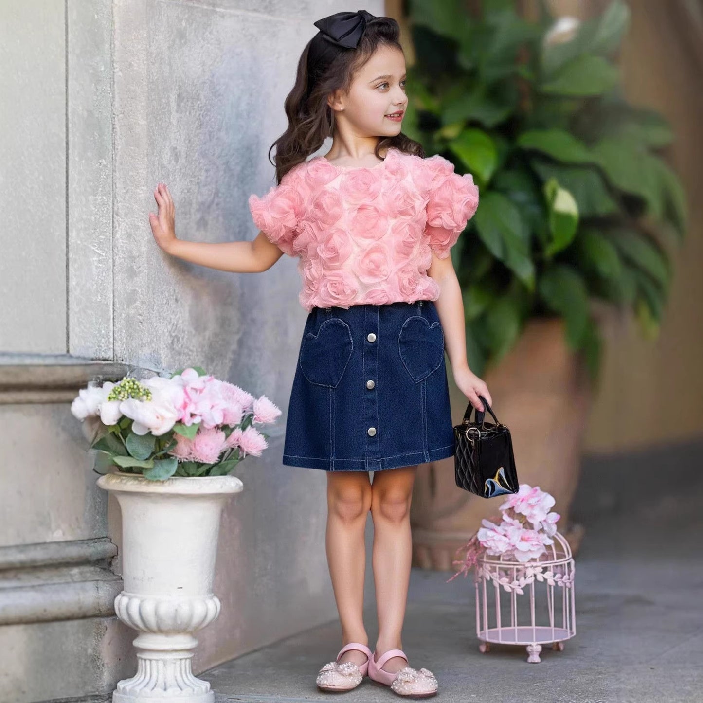 Three-dimensional Rose Short-sleeved Shirt Love Denim Skirt Children's Suit