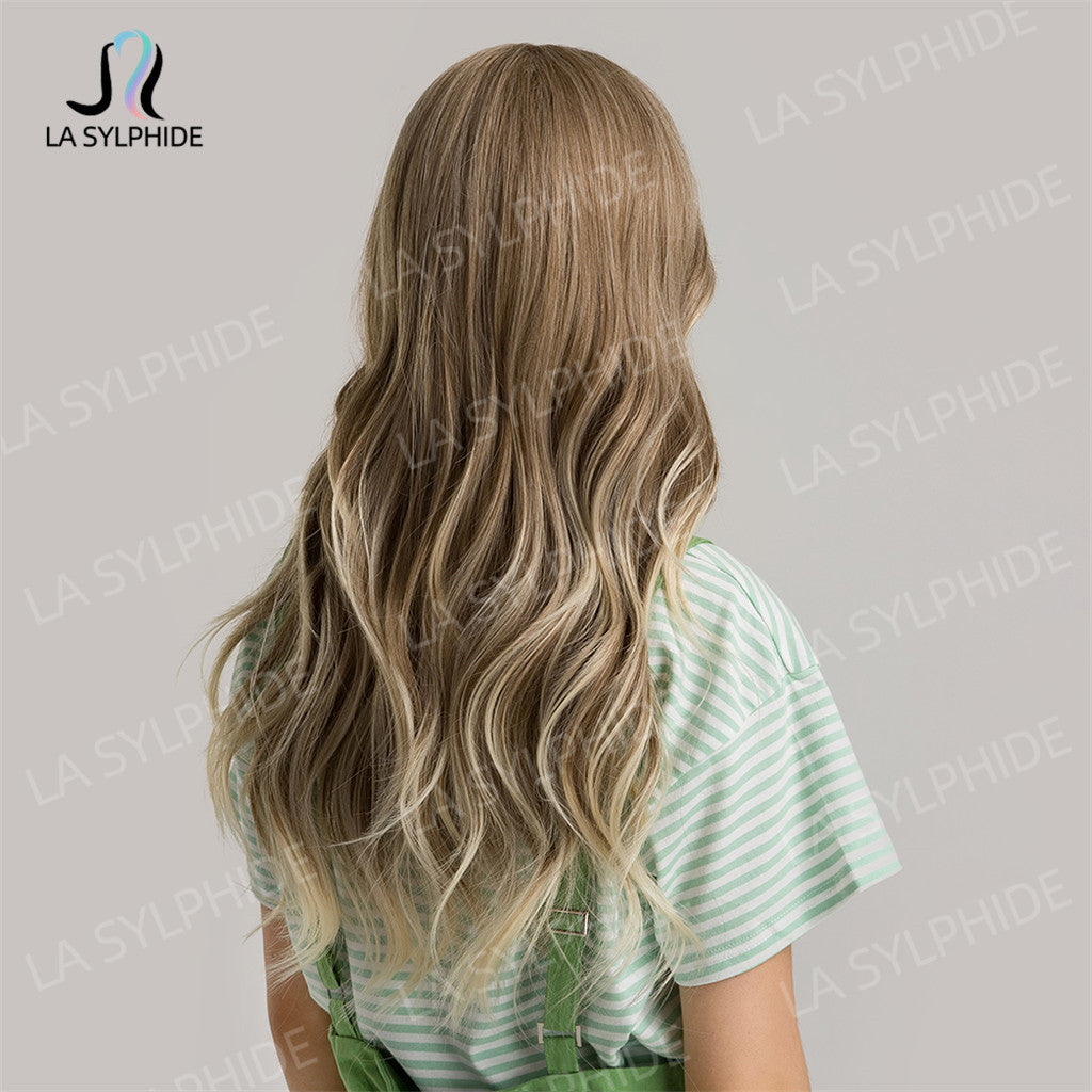 Female Mechanism Synthetic Wigs Golden Gray Bangs Curly Wig Long Curls